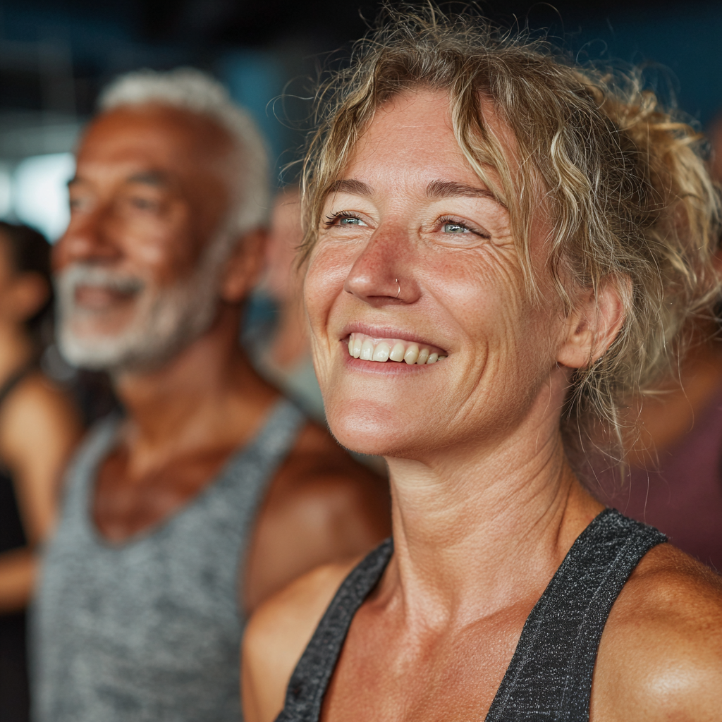 Energetic group fitness class with participants aged 40-55, showing diverse people exercising together in a motivating environment