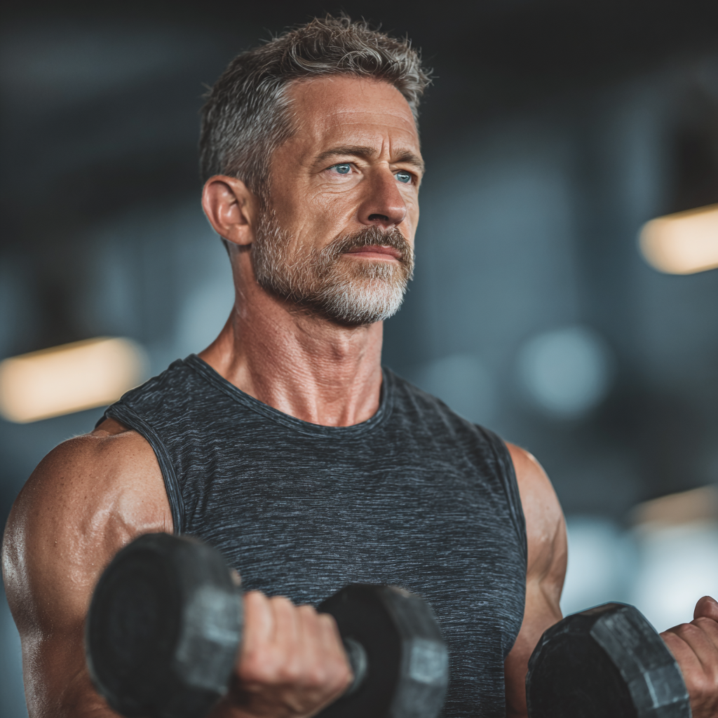 Mature athlete in his 50s performing strength training with dumbbells in modern gym, showing proper form and determination